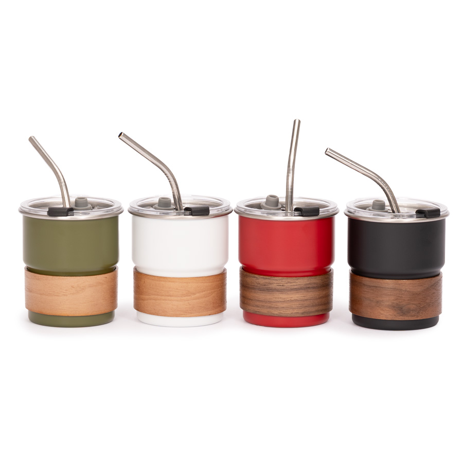 VASO TÉRMICO METÁLICO "CAMP" 300CC CON BOMBILLA Y GRIP DE MADERA